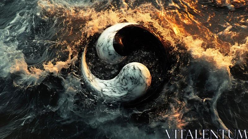 Yin yang marble sculpture rotating in stormy water.