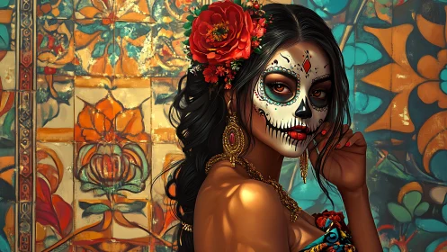 Calavera portrait with floral tiles and vibrant face paint.