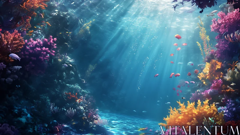 Sunlit coral canyon hums softly with drifting painted fish