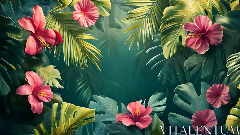 Hibiscus Paradise: Tropical Blooms Nested in Emerald Foliage.