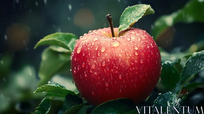 Rain-kissed red apple glowing softly among garden leaves.