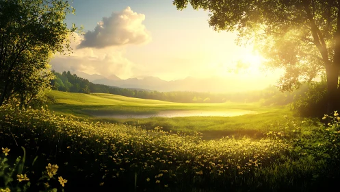 Golden hour meadow landscape renders atmospheric depth and light