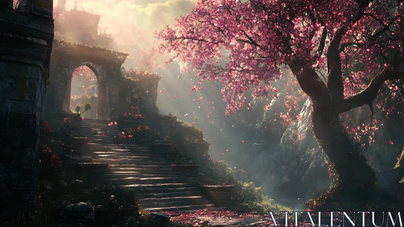 Whispering stone stairway drifts into blossom-soaked dawn