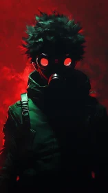 Gas-masked silhouette in red backlight with high-contrast rim lighting