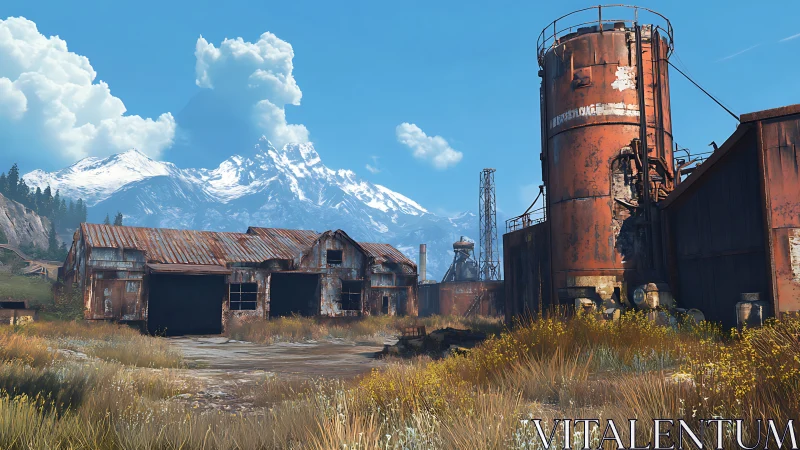 Rusty industrial outpost beneath distant snowy mountains.