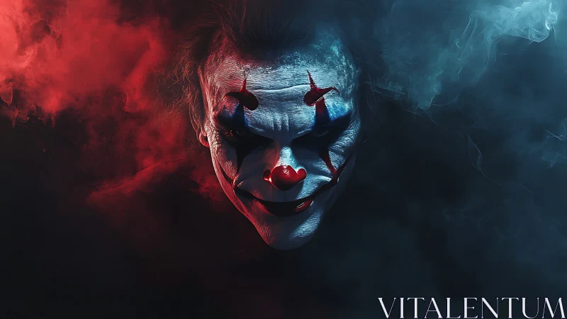 Sinister clown portrait in red and blue smoky lighting.