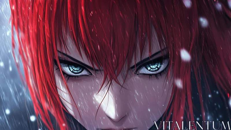 Red-haired anime warrior under dynamic snowfall with intense gaze