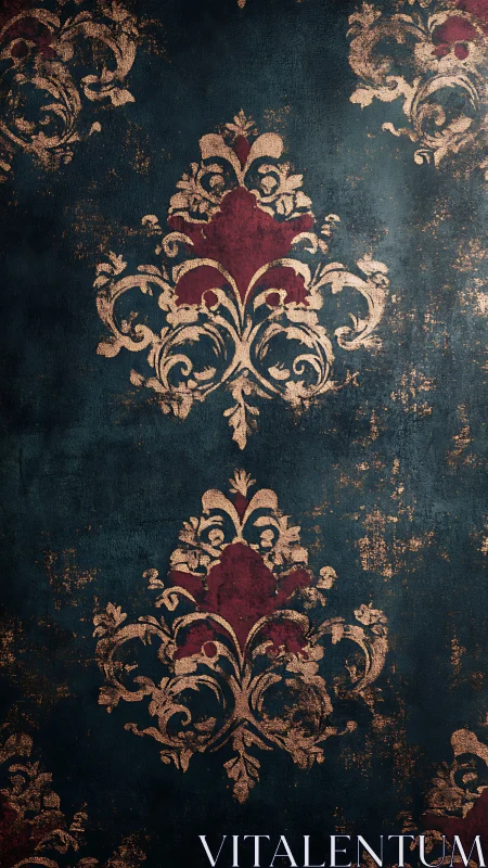 Aged baroque damask motif on distressed teal wall surface.