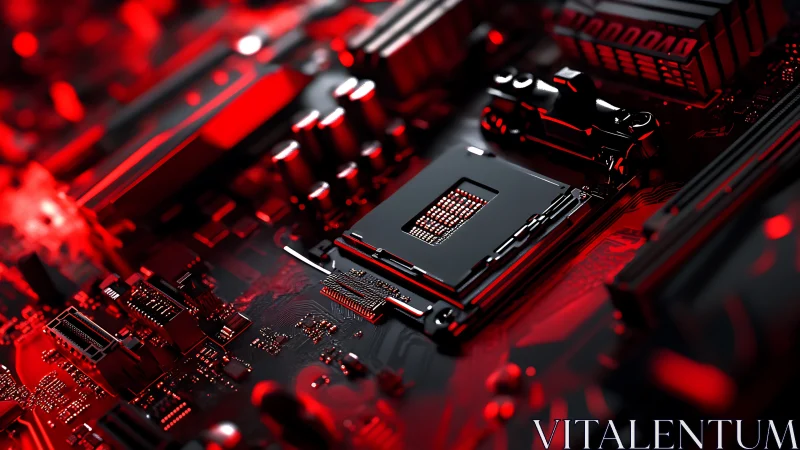 Red illuminated CPU socket on detailed computer motherboard.