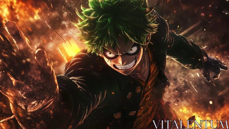 Green haired anime fighter lunges forward amid fiery blast