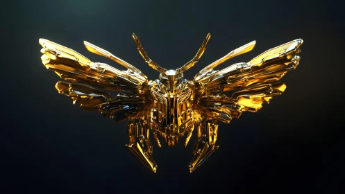Futuristic golden robotic moth rendered in digital 3D art style.