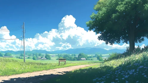 Sunlit country lane rests beneath towering summer clouds