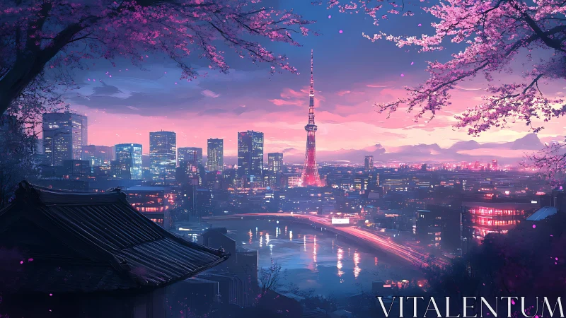 Urban skyline with tower and river under pink dusk sky.