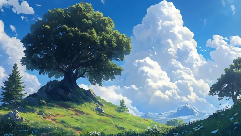 Majestic hilltop tree under towering summer clouds.