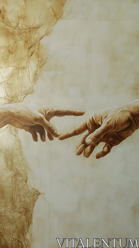 Two realistic hands nearly touching on textured beige wall.