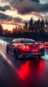 Crimson street missile blurs through dusk on neon rails