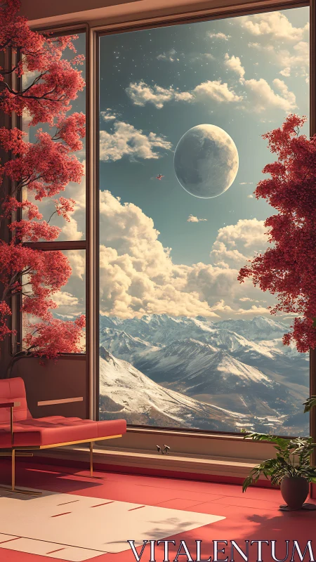 Futuristic lounge overlooks snowy mountains and distant moon