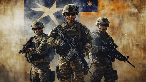 Militaristic triad before stylized national flag backdrop.