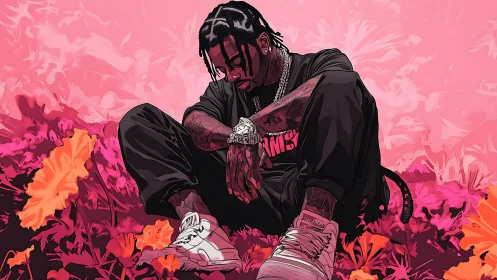 Chromatic vector portrait of seated rapper in floral field.