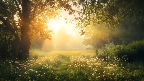 Sunlit meadow with trees and wildflowers in morning haze.