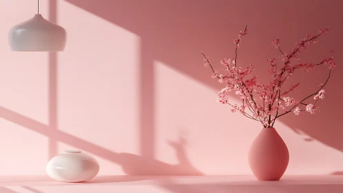 Minimalist pink still life with vase, blossoms and soft shadows.