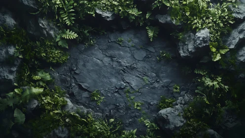 Rock cavity encircled by lush ferns rendered in hyperreal detail