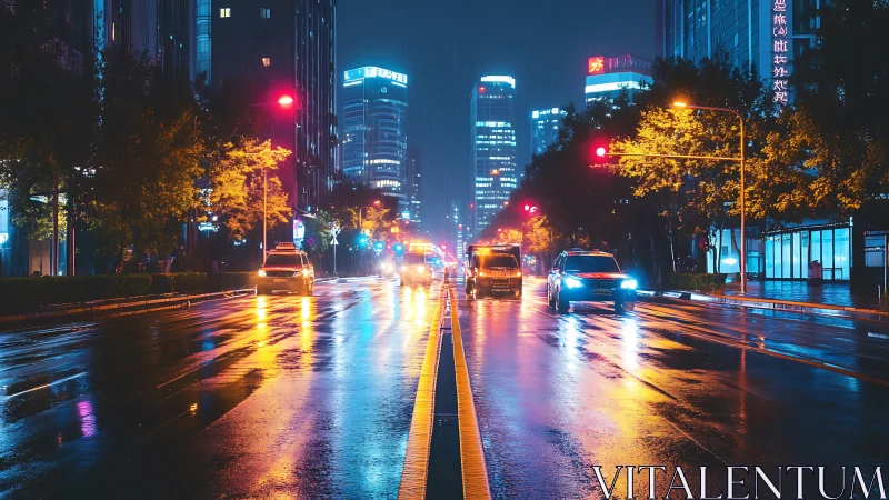 Neon city avenue reflects wet night traffic and tower lights