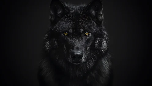 Black wolf portrait shows piercing golden eyes in darkness