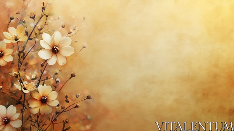 Translucent Cosmos Daisy Blossoms with Stamen Details Against Graduated Warm Background