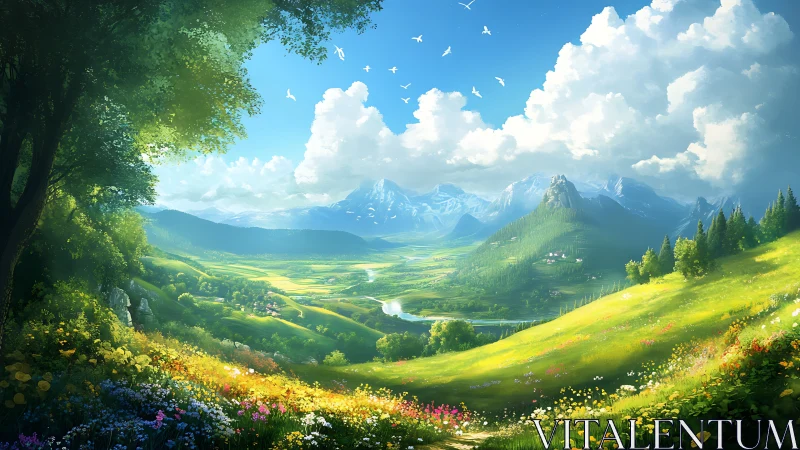 Sunlit alpine valley with wildflower meadows and soaring birds.