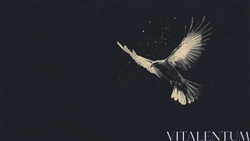 Detailed sketch of a flying bird on a dark minimalist background.