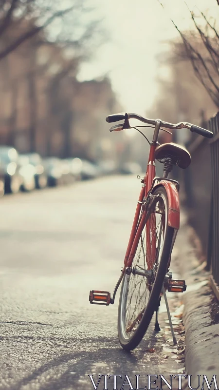Red Bicycle Parked on Quiet City Street.