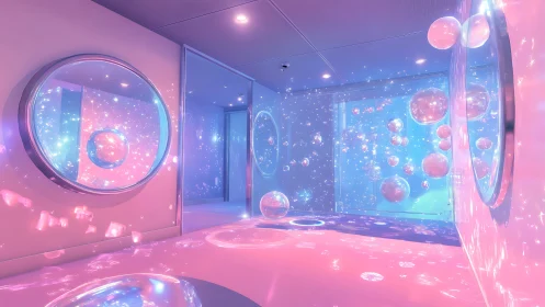 Immersive pastel room with glowing holographic spheres.