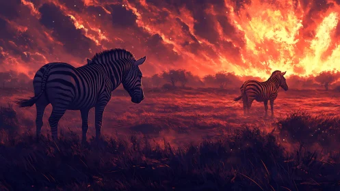 Zebras stand in blazing sunset over ember-lit savanna.