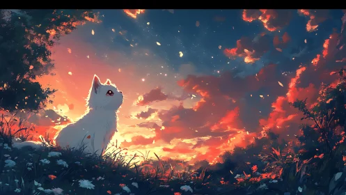 Twilight meadow cat beneath blazing painterly sunset sky.