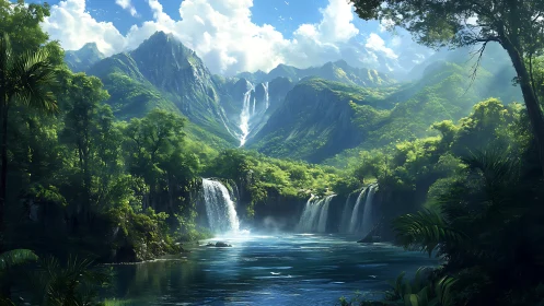 Lush forest valley surrounds cascading waterfalls and river