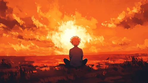 Solitary seated figure observing expansive orange sunset.