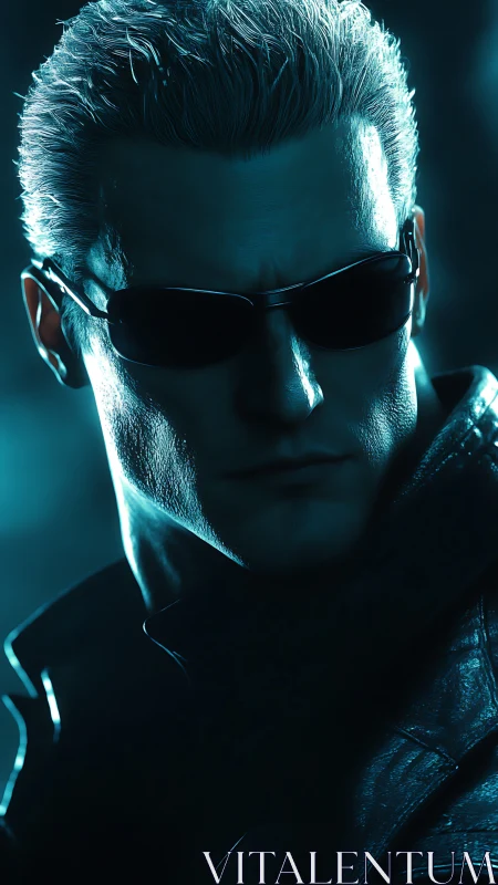 Cyan-lit cybernetic antihero portrait with high-contrast rimlight.