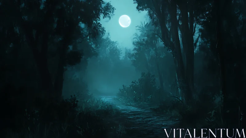 Digital illustration depicting moonlit forest corridor with silhouetted trees