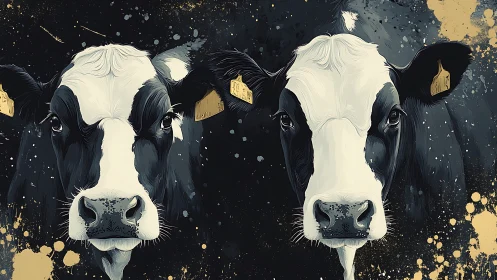 Twin Holstein cow portraits with dark abstract backdrop.