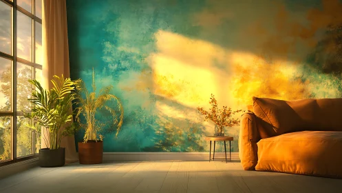 Sunlit teal wall frames warm sofa and indoor greenery