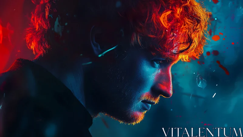 Chromatic side-profile portrait in dual-tone spectral lighting.