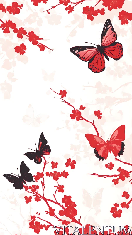 Minimalist red butterflies with floral branch silhouette composition.