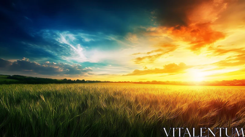 Vast green field under intense sunset sky panorama.