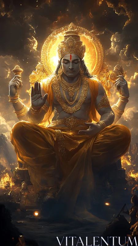 Radiant golden deity seated in lotus pose amid divine flames