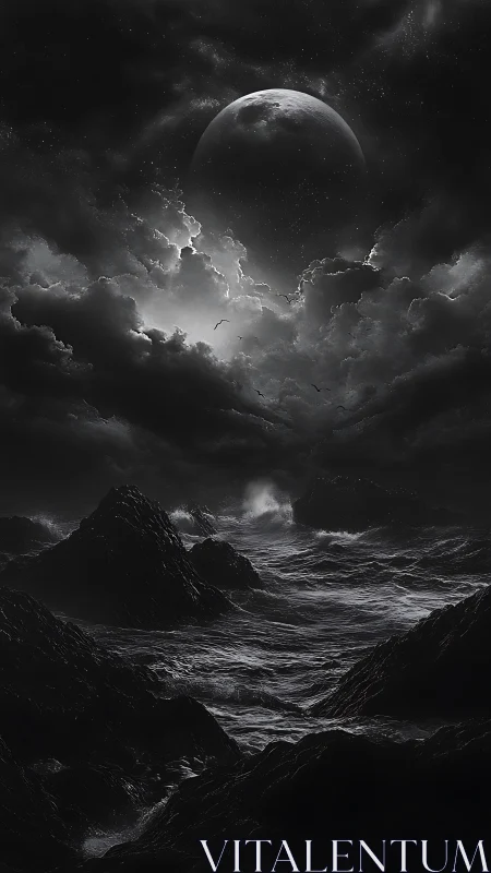 Monochrome lunar seascape under dense storm cloud cover.