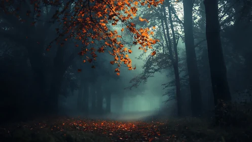 Misty forest path framed by dark trees and bright autumn foliage