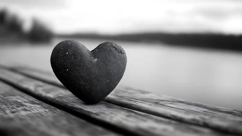Heart-Shaped Stone Rests on Weathered Wood Near Water.