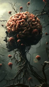 Neural roots entwine a decaying head in eerie bloom.