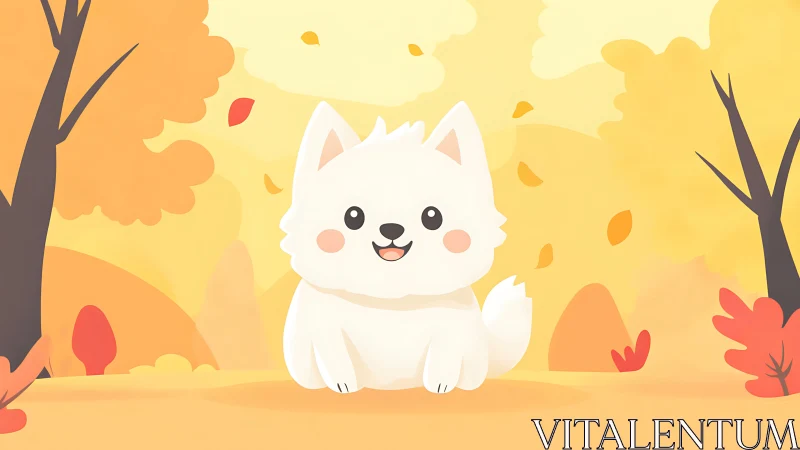 Fluffy white puppy enjoying a golden autumn day.